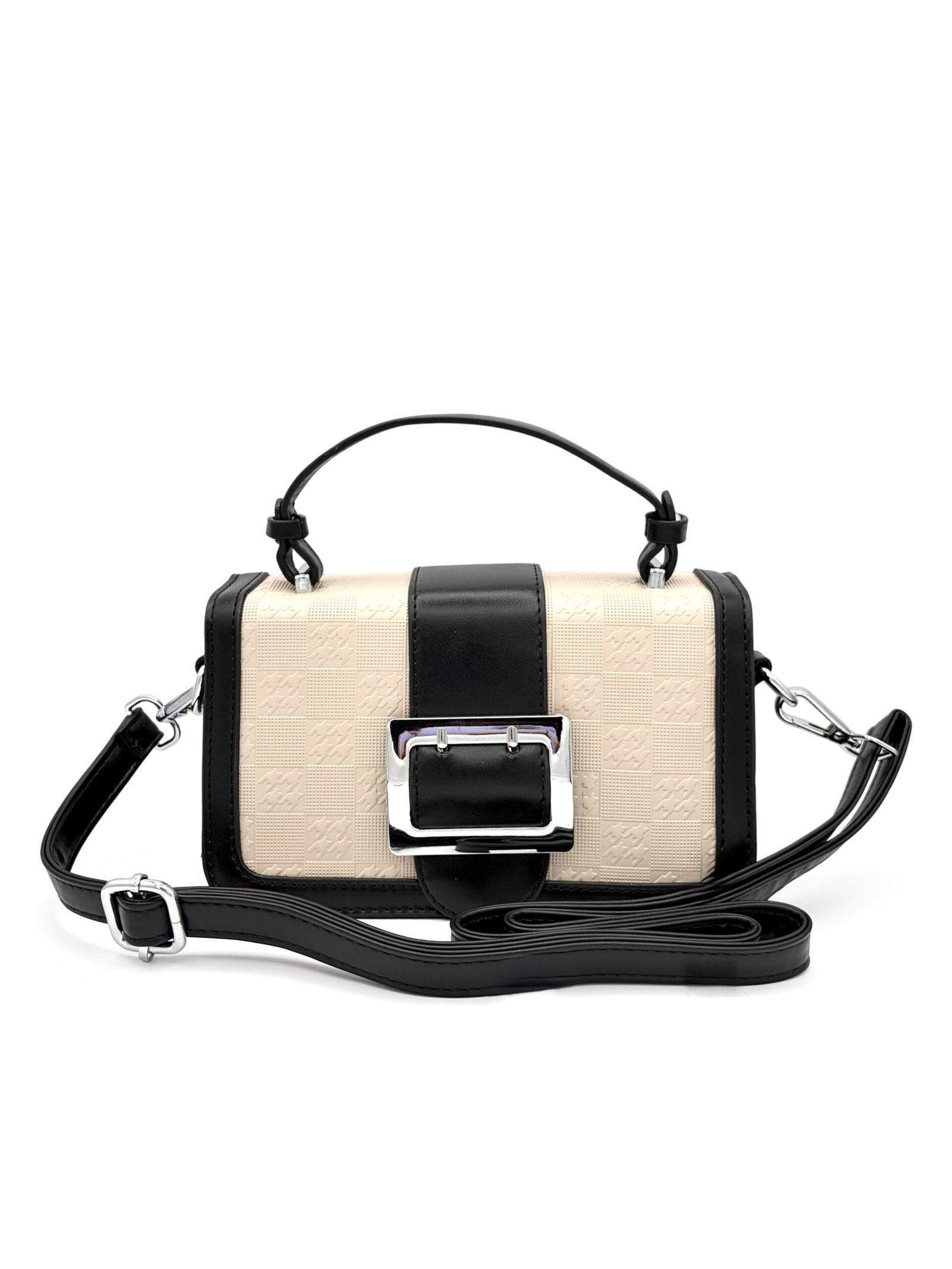 Bolso manos libres bicolor diseño de correa beige y negro