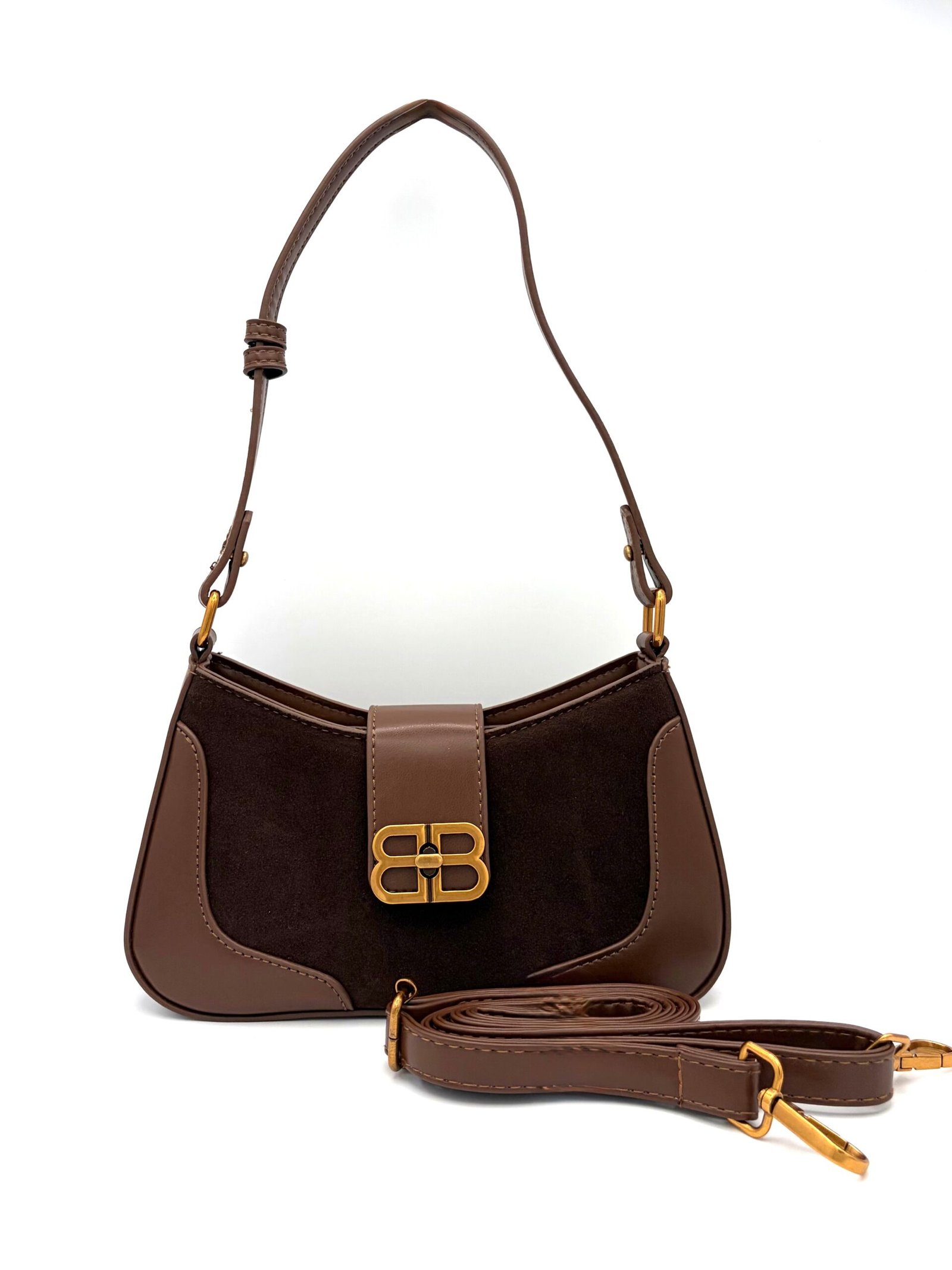 Bolso manos libres tipo gamuza café - Imagen 2
